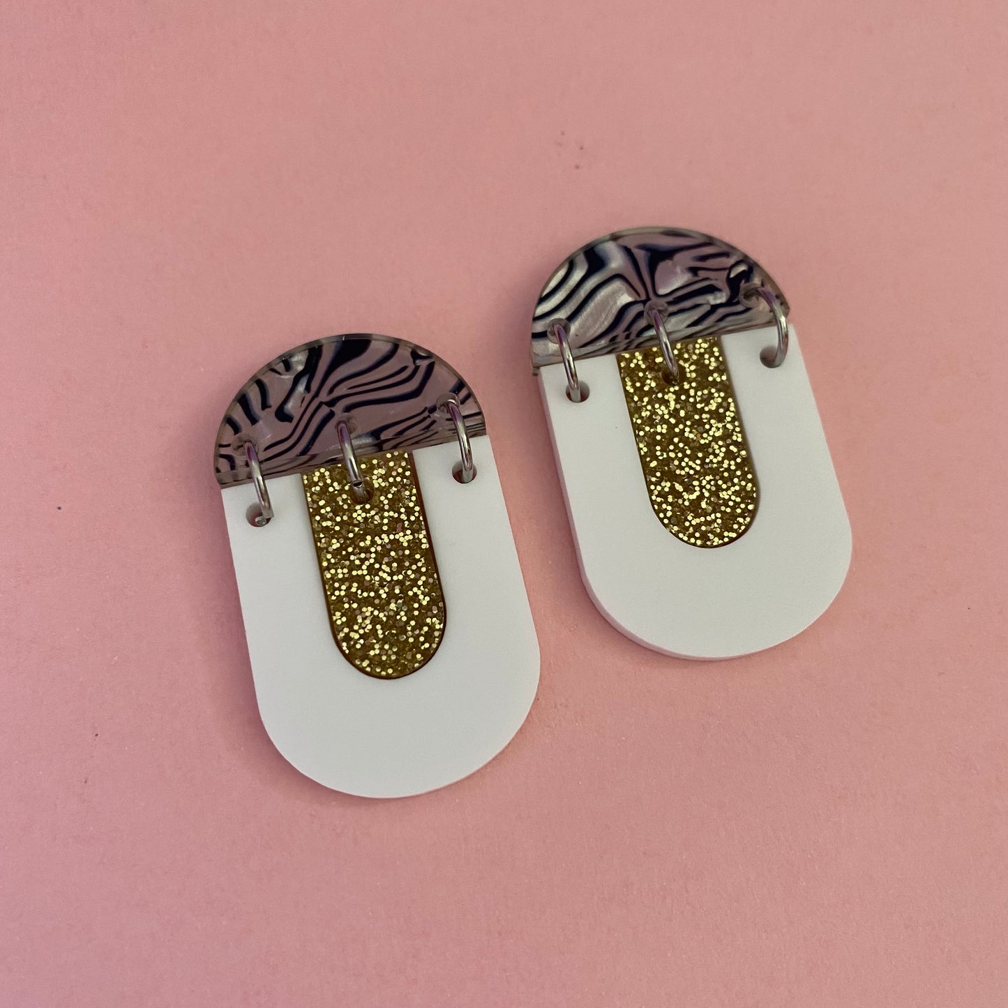 'Kiki' Dangle - White / Gold Glitter / Zebra